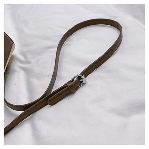 Close-up of adjustable dark brown shoulder strap with silver buckle on a stylish pillow bag