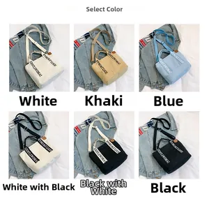 Collage of canvas tote bags in six colors with brand logo and adjustable shoulder straps