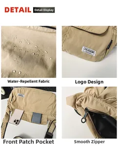 Waterproof nylon shoulder bag detail showing the smooth zipper and front pocket