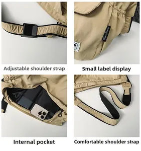 Detail shots of khaki crossbody bag showing buckle, logo, inner pocket and strap texture