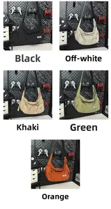 Detailed grid showing high-capacity nylon crossbody bags in black, beige, khaki, green, and orange