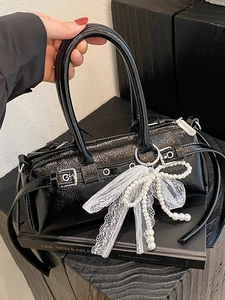 Borsa a Spalla Cilindrica da Donna in Pelle PU Con Fiocco di Perle e Ciondolo in Pizzo Elegante Borsa Sottobraccio Baguette