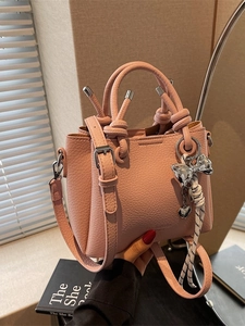 Fashion Women PU Leather Bucket Bag Minimalist Litchi Texture Handbag Crossbody Shoulder Bag With Bow Heart Pendant Design