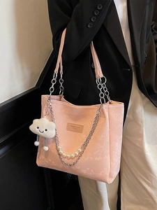 Pink faux leather tote bag with snake pattern, pearl chain and cloud charm detail