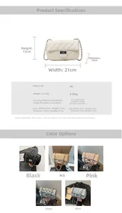 Size guide for quilted chain shoulder bag with dimensions 21x13x10cm in five colors