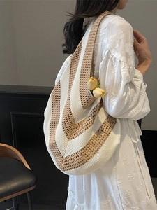 Large knit tote bag with striped pattern for beach and daily commute style