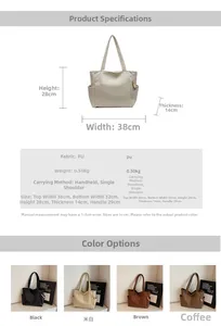 Detailed chart showing PU leather tote bag dimensions and four available colors