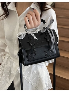 Women Sweet Star PU Leather Crossbody Bag Vintage Niche Messenger Bag With Lace Bow Checkered Ribbon Mini Square Satchel