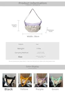 Detailed size infographic of contrast color dumpling bag with adjustable shoulder straps