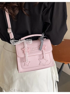 Pink PU leather star messenger bag with lace bow charm and crossbody strap