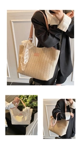Detail of a beige straw tote bag with pink leather straps and elegant lace decorative trim