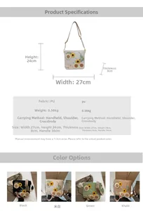 Detailed sizing chart and specifications for pastoral style floral embroidered bucket bag