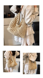 Detail of hollow woven tote bag with brown leather straps and beige knit texture