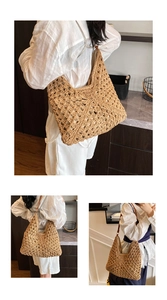 Detailed view of the handmade woven straw bag with hollow crochet diamond patterns