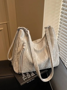 Silver-grey pleated texture shoulder bag with stylish side fringe zipper detail