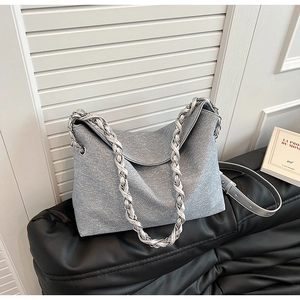 Metallic grey PU leather crossbody bag with chunky silver chain handle and long strap
