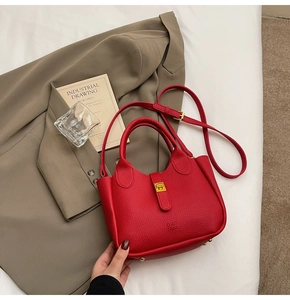 Close-up of red pebbled leather tote bag with gold buckle and DAY BAG embossing