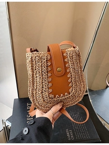 Borsa a Tracolla in Paglia Intrecciata a Mano Vintage da Donna Mini Secchiello Borsa da Spiaggia Vacanza con Finiture in Pelle PU Fibbia in Metallo