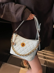 Women Quilted Shoulder Bag Korean Fashion Chain Rhombic Tote Bag PU Leather Commute Crossbody Bag With Metal Turn-lock