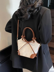 Vintage marble pattern tote bag with bow detail and brown leather straps for women