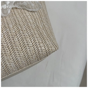 Close-up of woven straw tote bag featuring intricate lace trim and detailed chevron texture