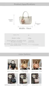 Detail view of woven texture bucket bag with plush bear charm and adjustable strap