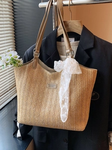 Women Large Capacity Woven Straw Tote Bag With Lace Bow Decoration Casual Shoulder Handbag For Summer Vacation Beach Travel