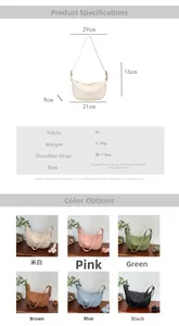 Detail view of crescent saddle bag dimensions and color options in six stylish shades