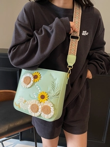 Women PU Leather Shoulder Crossbody Bag 3D Sunflower Daisy Embroidery Ethnic Wide Strap Fashion Bucket Bag Daily Office