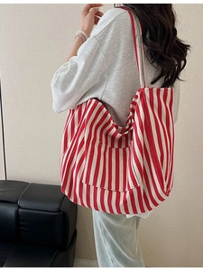 Women Fashion Canvas Tote Bag Large Capacity Vertical Striped Shoulder Bag With Exterior Pocket Casual Commuter Shopping Bag