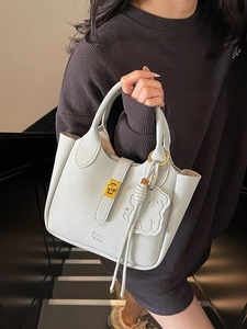 Minimalist light blue lychee pattern shoulder bag with golden lock and dog charm