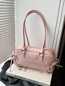 Women Fashion Bow Lace-up Underarm Shoulder Bag PU Leather Patent Bowling Handbag Versatile Y2K Coquette Style Solid Color Crossbody Bag