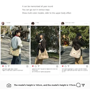 Detailed comparison of unisex large canvas tote bag colors worn by models for size scale