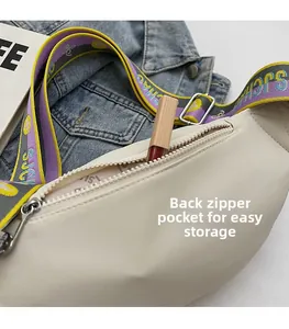 Detail of a beige chest bag featuring a hidden back zipper pocket for small items