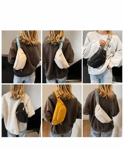 Detailed views of nylon waist bags with multi-zipper pockets and wide letter straps