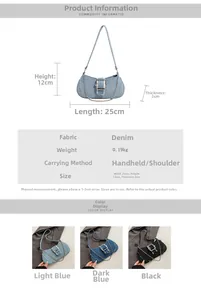 Detailed size and weight specifications for retro denim shoulder bag with metal buckle