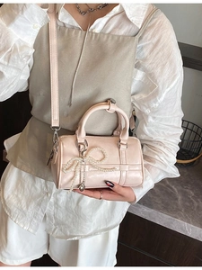 Women's Mini Boston Shoulder Bag Glossy PU Leather Cylinder Handbag With Artificial Pearl Bow Charm Versatile Crossbody Bag For Girls