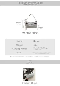 Detailed size guide for denim baguette bag with 30cm width and 16cm height specifications
