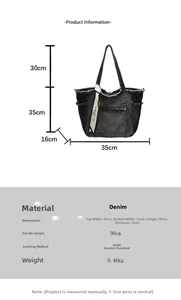 Tableau détaillé des tailles pour cabas en denim gris foncé avec ruban et bords effilochés
