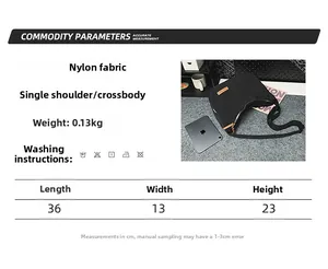 Size chart showing nylon crossbody bag dimensions 36x13x23cm and material specifications