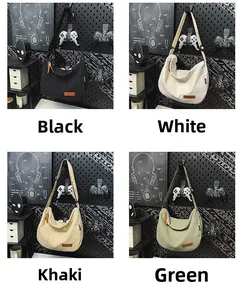Detail view of nylon crescent bags in black, white, khaki and green with adjustable straps