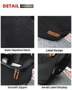 Detail of waterproof nylon bag showing smooth zipper and brown leather brand logo