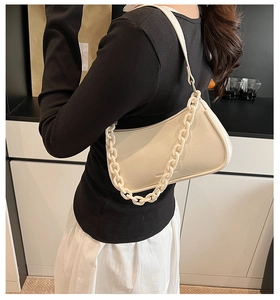 Detail of off-white dumpling bag with acrylic chain and smooth PU leather texture