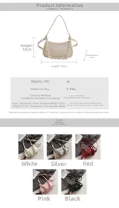 Size chart and details of the solid color PU leather underarm bag with chain strap