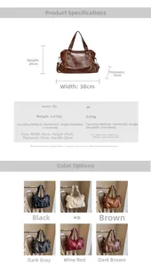Size chart for large vintage PU leather tote bag with dimensions and multi-color options