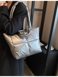 Tote Bag Matelassé pour Femmes Grande Capacité Argent Blanc Jaune Sac à Épaule Rembourré Sac à Main Mode Décontracté