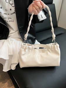 Chic cream PU leather ruched handbag with thick braided strap and cutout handle