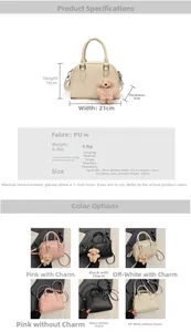 Size chart showing PU leather pillow bag dimensions and multi-color crossbody options