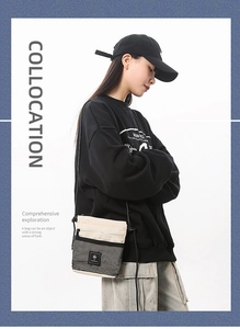 Detail view of beige and black crossbody bag with mesh pocket and adjustable strap