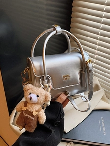Women Simple Fashion PU Leather Small Square Crossbody Bag Minimalist Handbag Shoulder Bag With Plush Bear Pendant